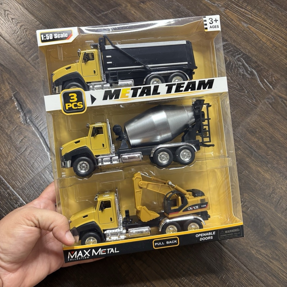 3pcs Max Metal 1:50 Diecast Pull Back Trucks - Dump & Cement truck Excavator
